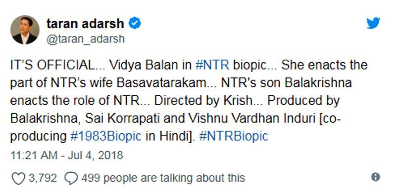 Vidya Balan pour jouer le rôle de NTR