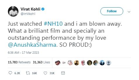 Virat Kohli twittou depois de assistir NH 10