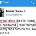 انوشکا شرما نے اے پی جے عبدالکلام پر ٹویٹ کیا