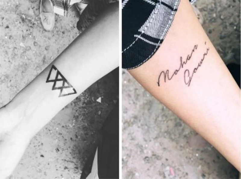   Татуировка Валькнута на ее правом запястье и у ее родителя.'s name inked on her left forearm