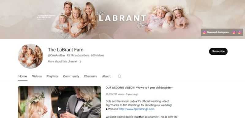 ภาพหน้าจอของหน้า YouTube ของ LaBrant Fam