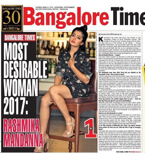 Rashmika Mandanna sijoittui ensimmäiseksi Bangalore Times -listalle