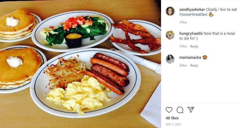 Et Instagram-indlæg af Sandhya Shekar, der spiser ikke-vegetarisk mad