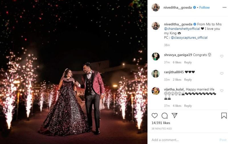 Пост на Niveditha Gowda в Instagram за брака й с Chandan Shetty