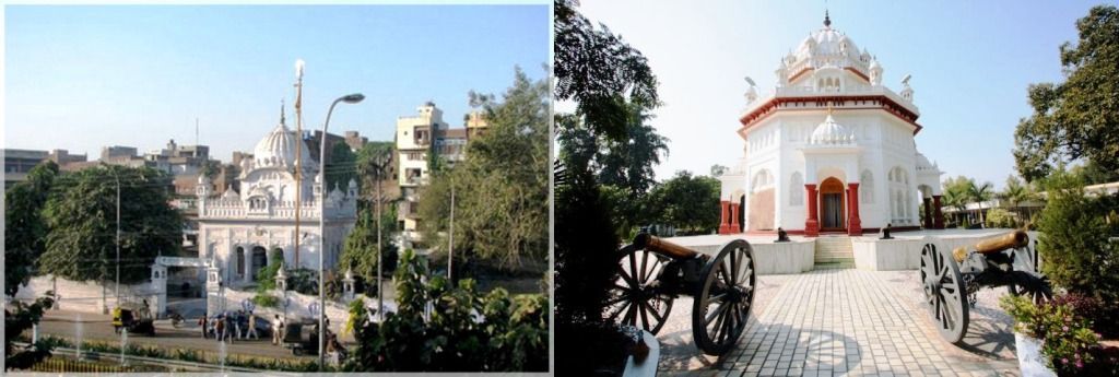 Památník Saragarhi Gurudwara, Amritsar (vlevo) a Památník Saragarhi Gurudwara, Ferozepur (vpravo)