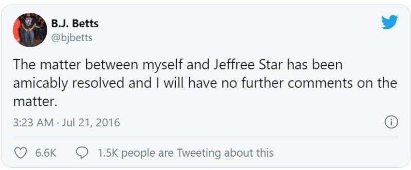 تغريدة من قبل B.J Beats حول المشكلة التي تم حلها مع Jeffree Star