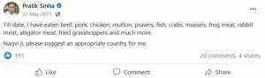   Et udsnit af Pratik Sinha's Facebook post depicting that he is a non vegetarian