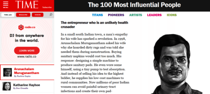 Liste du magazine Arunachalam Muruganantham Time