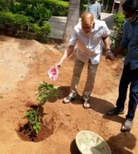   Krishna plantant des jeunes arbres dans sa résidence à Hyderabad à l'occasion de son 79e anniversaire
