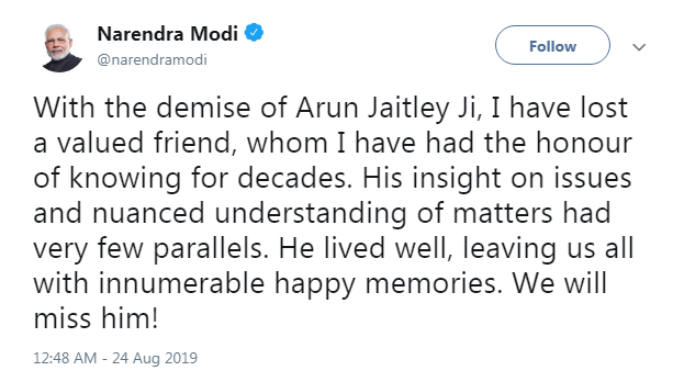 Нарендра Моди пише в туитър за смъртта на Арън Джейтли