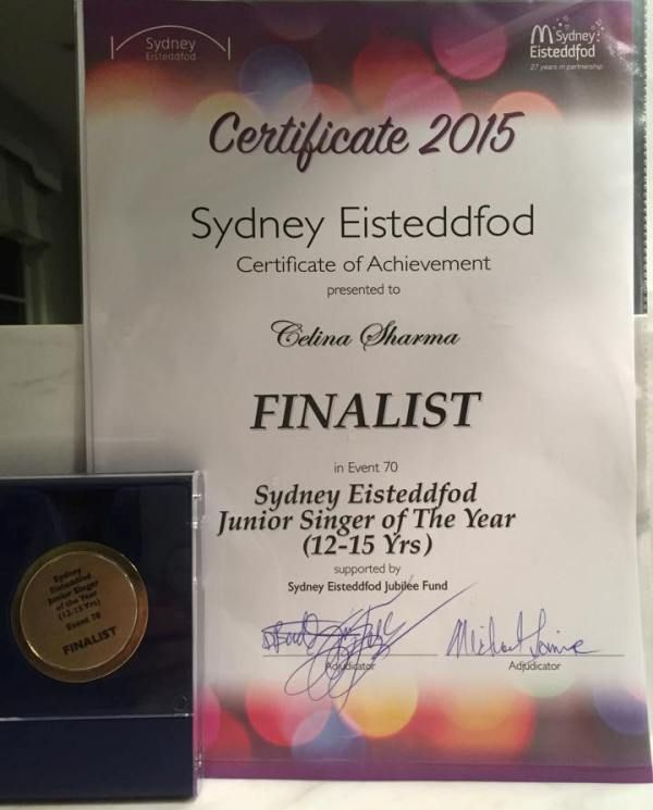 Certifikát Celiny Sharmy finalistkou roka Eisteddfod zo Sydney