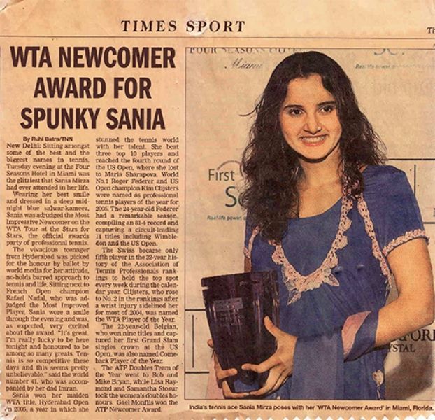 सानिया मिर्ज़ा ने डब्ल्यूटीए न्यूकमर ऑफ़ द ईयर अवार्ड जीता