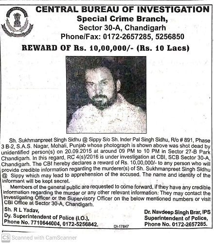   Plakat nagrade za Sippy Sidhu's murderer information 