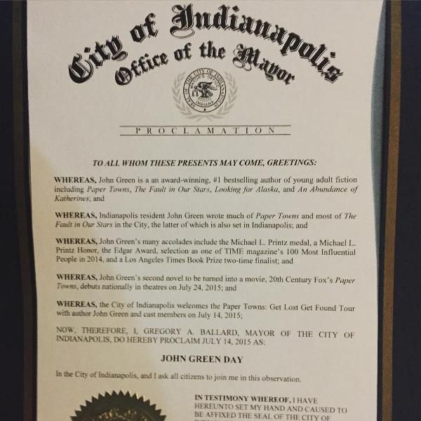 Certyfikat wydany przez burmistrza miasta Indianapolis ogłaszający John Green Day